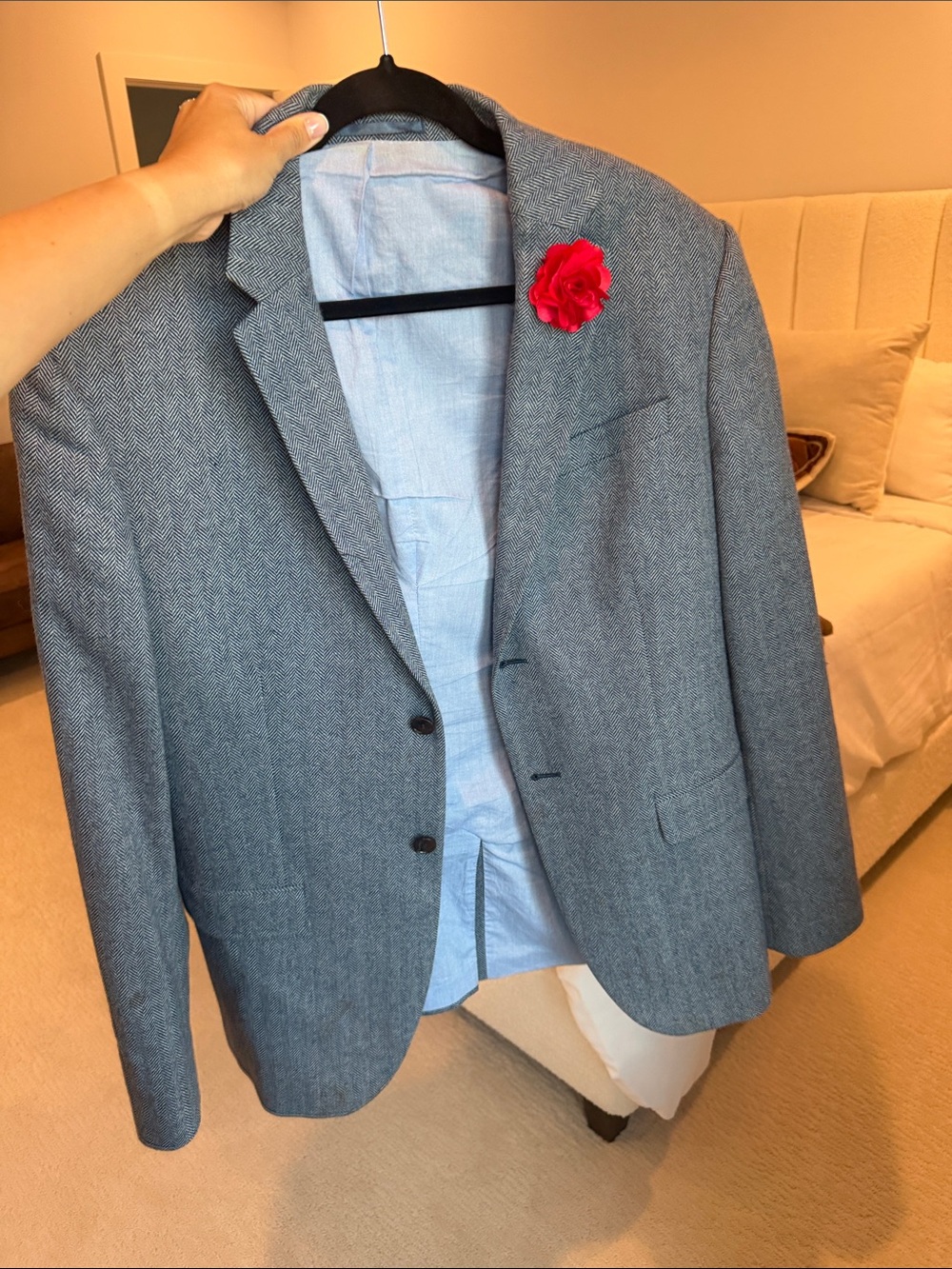 H&M Gray Herringbone Sport Coat with Light Blue Lining and Red Lapel Flower